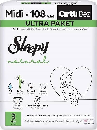 Sleepy Natural 3 Numara 108 Adet Cırtlı Bez