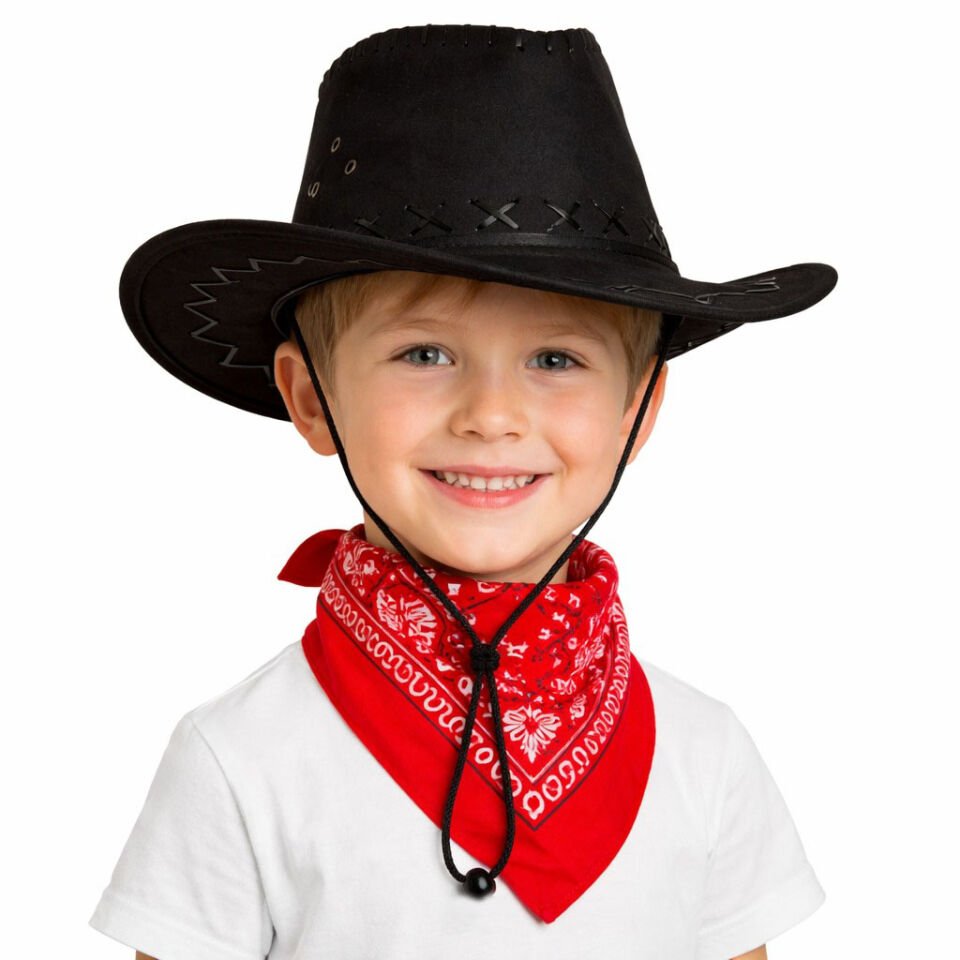 Çocuk Kovboy Şapka Siyah ve Kırmızı Bandana Seti