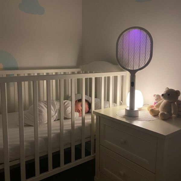 USB Şarjlı Standlı Şarj Göstergeli UV Işıklı Beyaz Sinek Öldürme Raketi