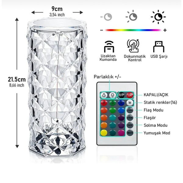 Kristal LED Kumandalı Ve Dokunmatik Masa Lambası