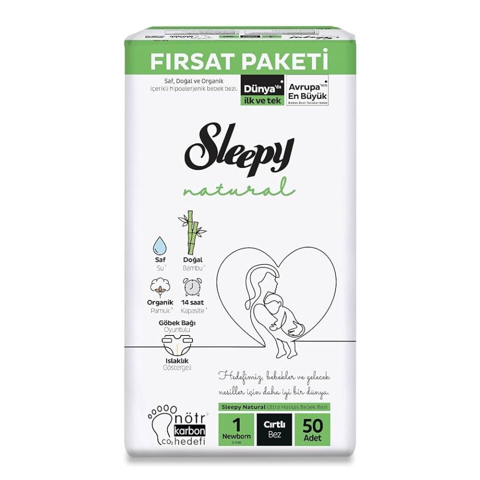 Sleepy Bebek Bezi Natural 1 Numara 50 Adet Cırtlı Bez