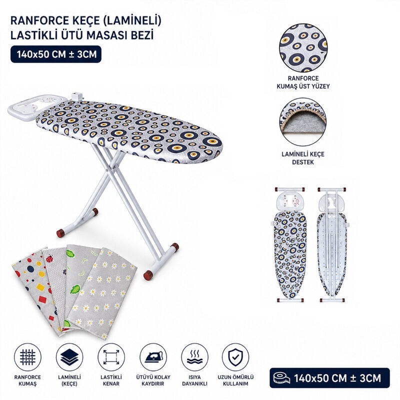 Ranforce Keçe Ütü Masası Bezi - Lastikli - Lamineli - 140x50 cm