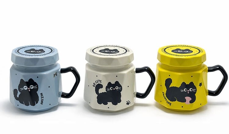 Kedi Desenli Kapaklı Seramik Kupa Bardak