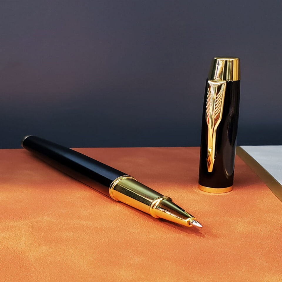 Kutulu Deri Defter ve Metal Roller Kalem Seti - Yaprak Desenli - Baskıya Uygun