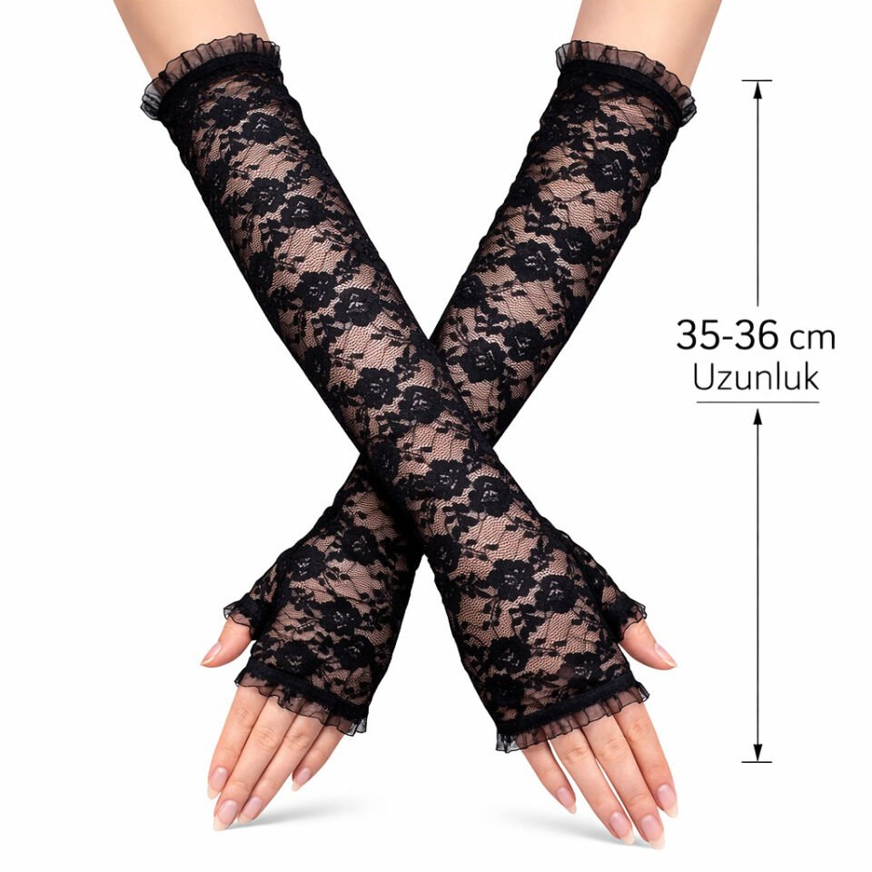 Uzun Zarif Dantel Eldiven Parmaksız Siyah