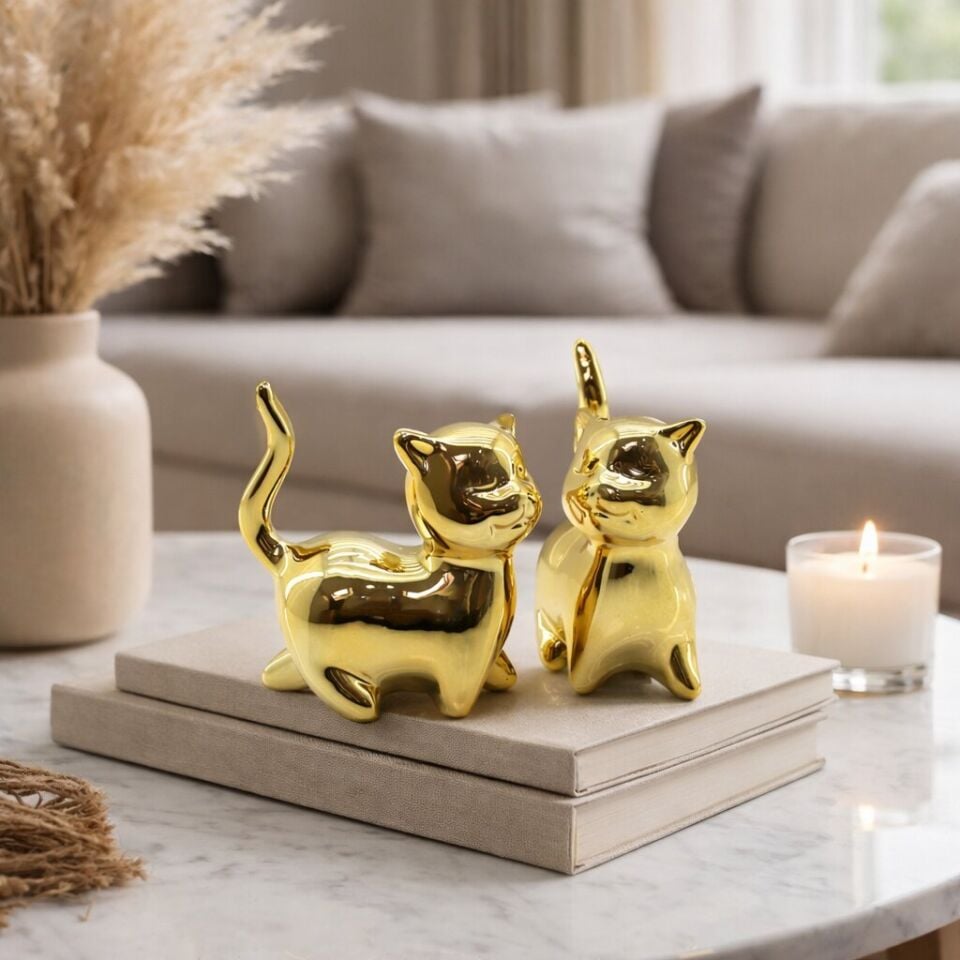 Kedi Tasarımlı Biblo - Büyük Boy - Seramik - Parlak Altın