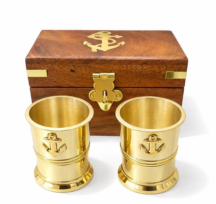 Ahşap Kutulu 2'li Pirinç Shot Bardak Seti