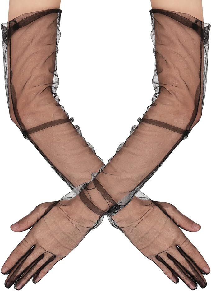 Uzun Boy Likralı Siyah Yetişkin Mega Tül Eldiven