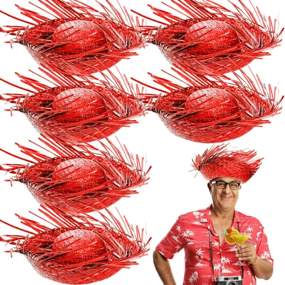 Tropikal Parti Kırmızı Hasır Hawaii Şapkası