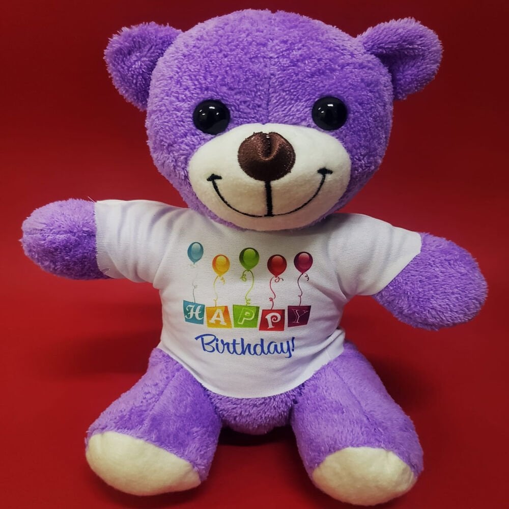 Happy Birthday Tişörtlü Peluş Mor Ayıcık