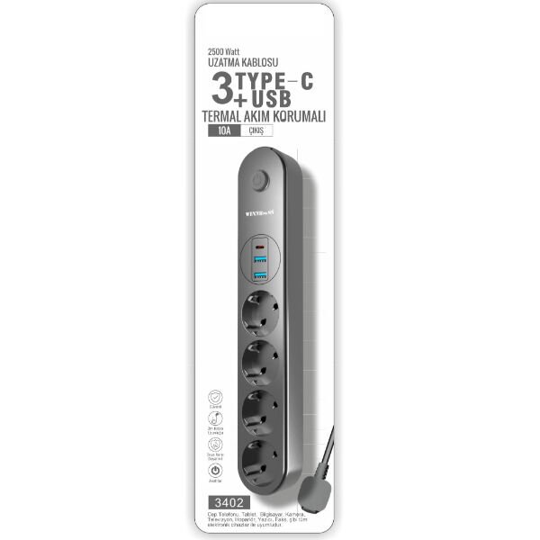 Termal Akım Korumalı 4 Prizli USB Girişli Uzatma Kablosu