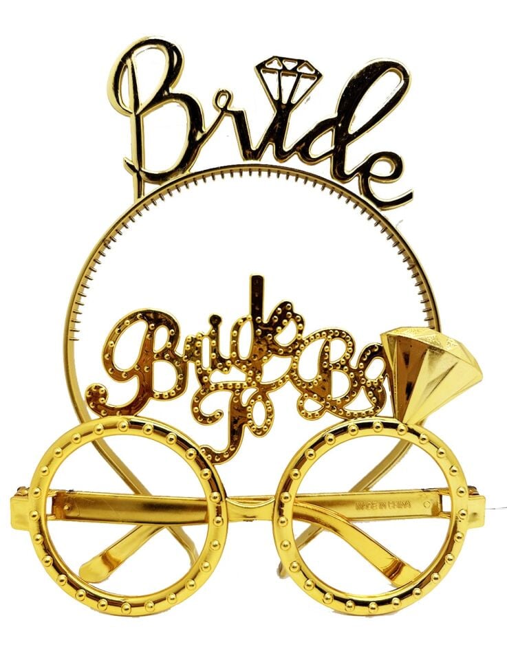 Bride Yazılı Taç ve Bride To Be Yazılı Gözlük Seti - Altın Renk