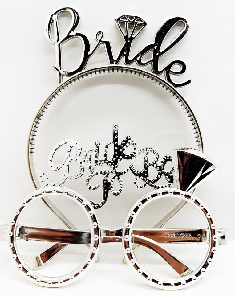 Bride Yazılı Taç ve Bride To Be Yazılı Gözlük Seti - Gümüş Renk
