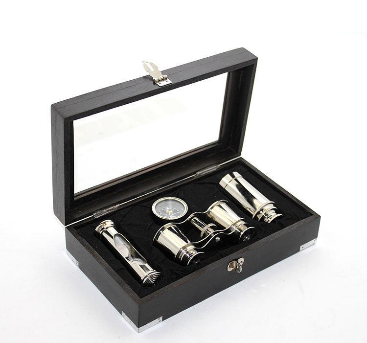 Ahşap Kutulu Pirinç Dürbün Pusula Ve Kum Saati Seti