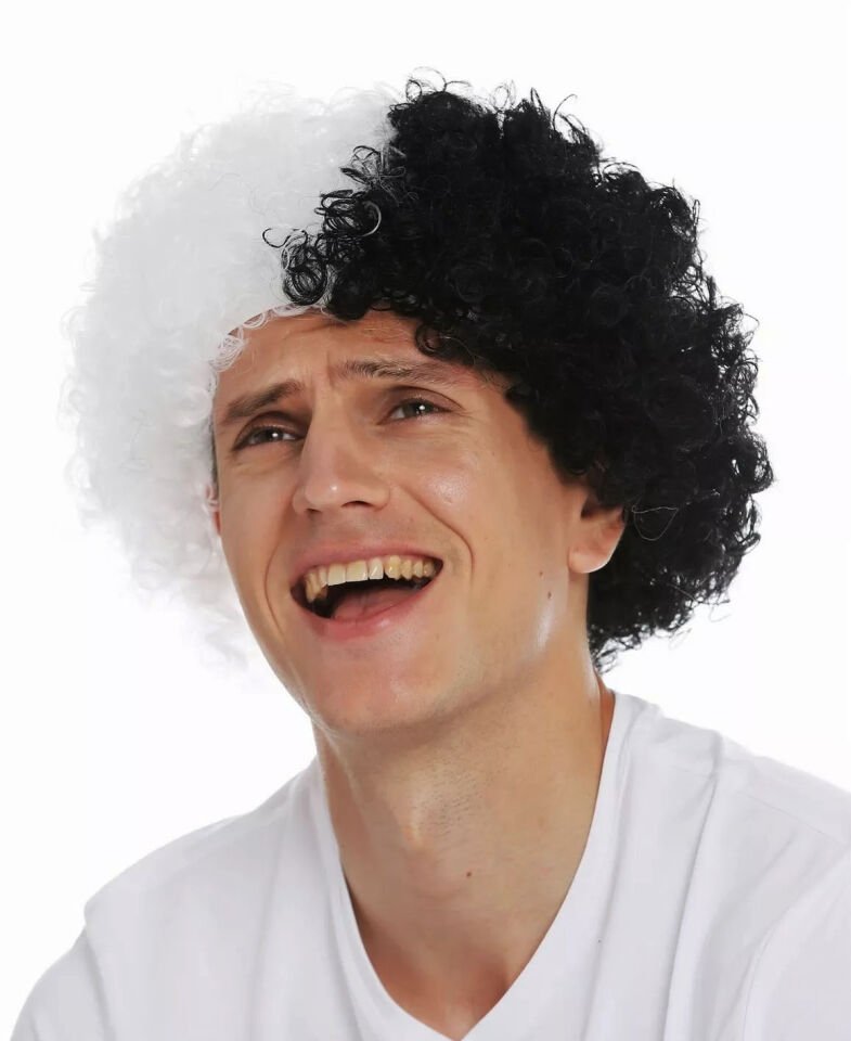 Siyah Beyaz Kıvırcık Afro Bonus Taraftar Peruğu