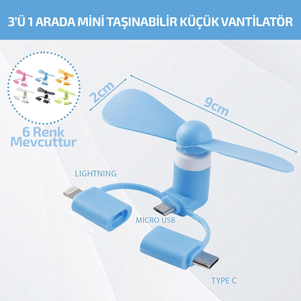 Mini Telefon Fanı - Lightning - Type-C - Micro USB Girişli - Sessiz