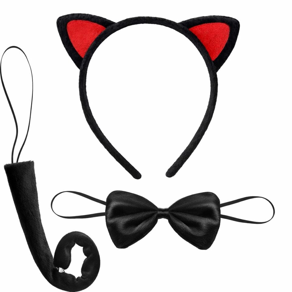 Kırmızı Kulaklı Kedi Kostüm Seti – Taç, Papyon, Kuyruk