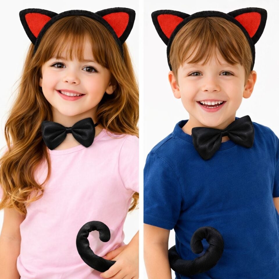Kırmızı Kulaklı Kedi Kostüm Seti – Taç, Papyon, Kuyruk