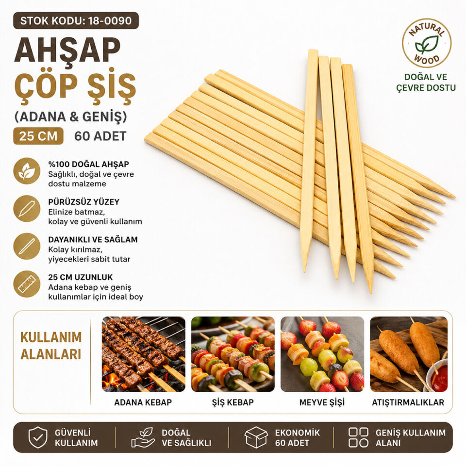 60 Adet Ahşap Geniş Çöp Şiş - Adana Kebap Şişi - 25 cm