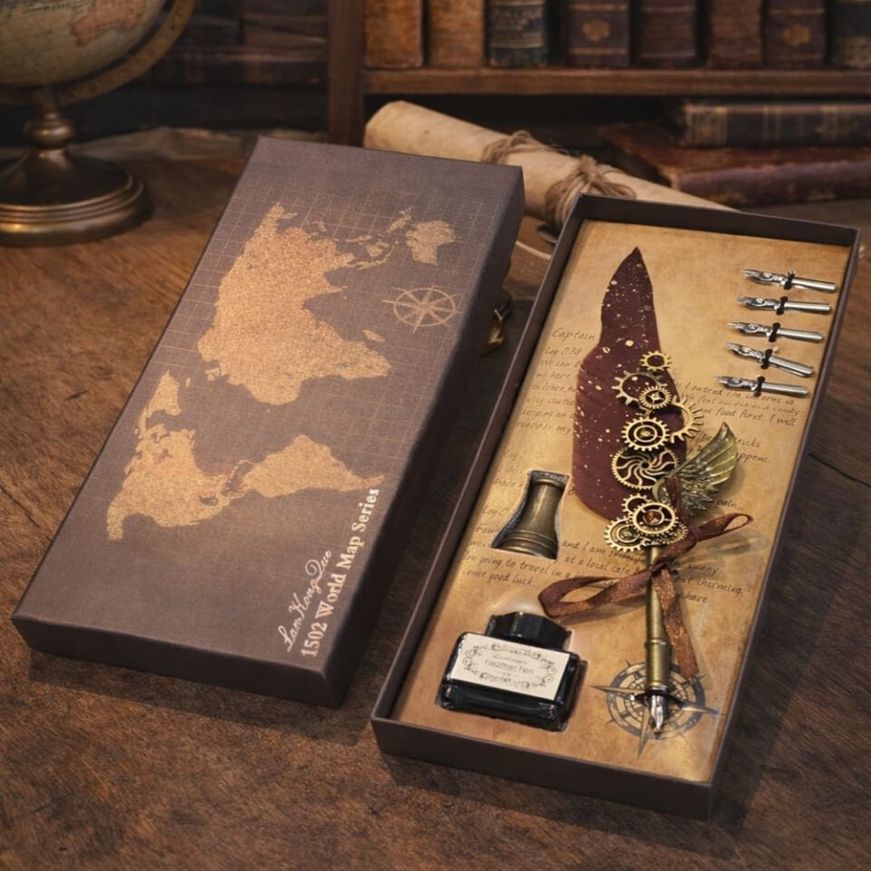 Vintage Tüylü Divit Kalem Hediye Seti