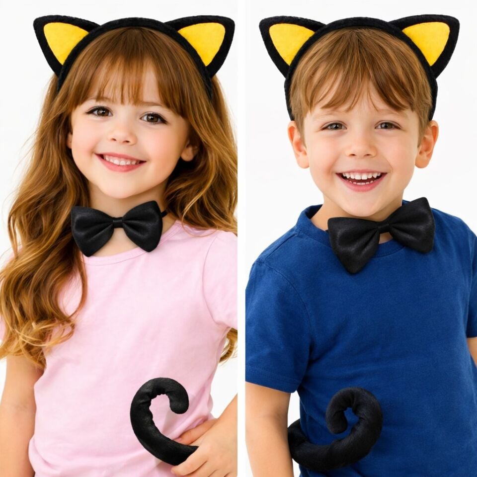 Sarı Kulaklı Kedi Kostüm Seti – Taç, Papyon, Kuyruk