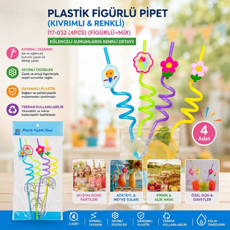 Kıvrımlı Renkli Plastik Pipet - Figürlü Tasarım - 4'lü Paket
