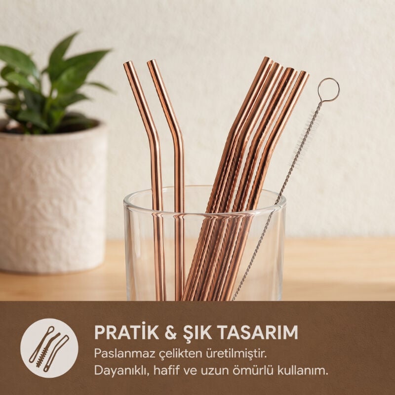 6'lı Kaşıklı Pipet Seti - Bronz - Pipet Temizleme Fırçası