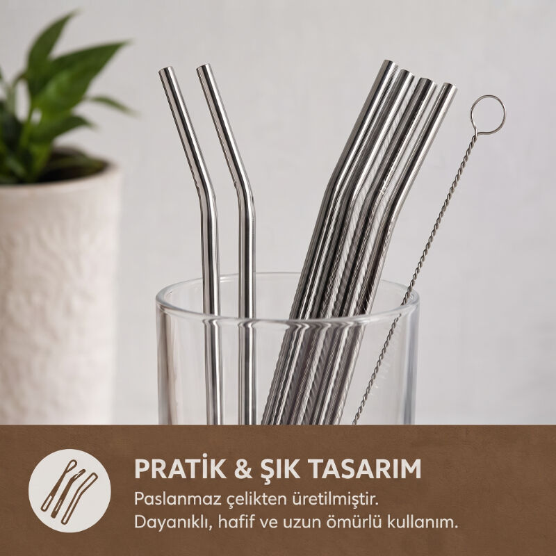 6'lı Kaşıklı Pipet Seti - Metal - Pipet Temizleme Fırçası