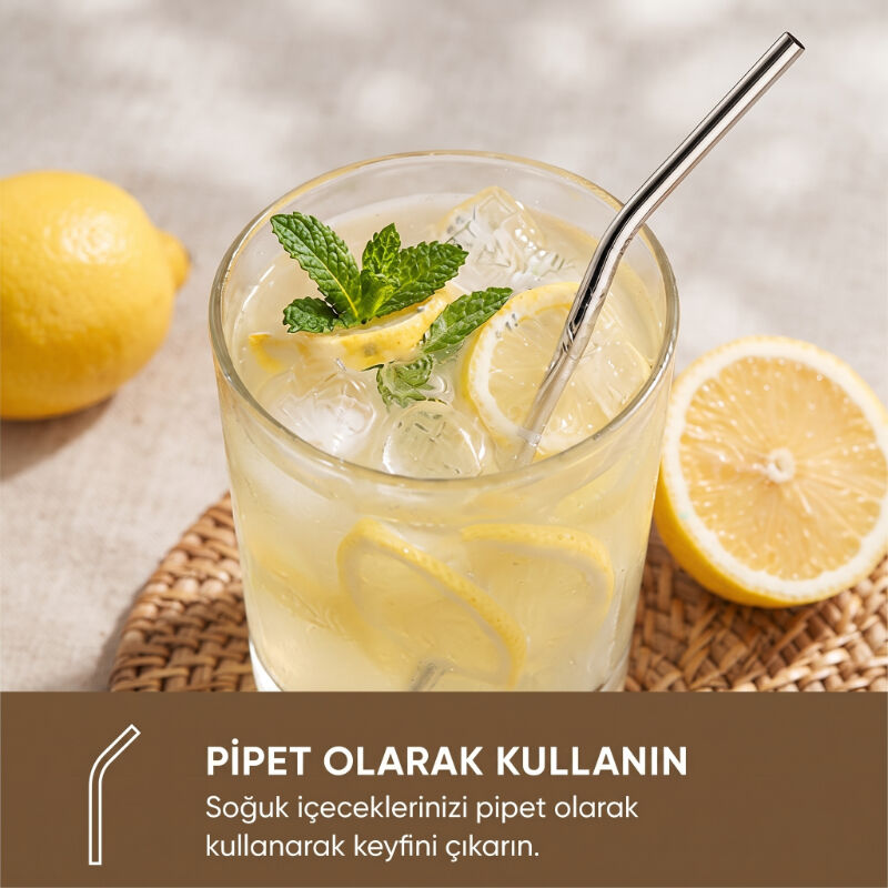 6'lı Kaşıklı Pipet Seti - Metal - Pipet Temizleme Fırçası