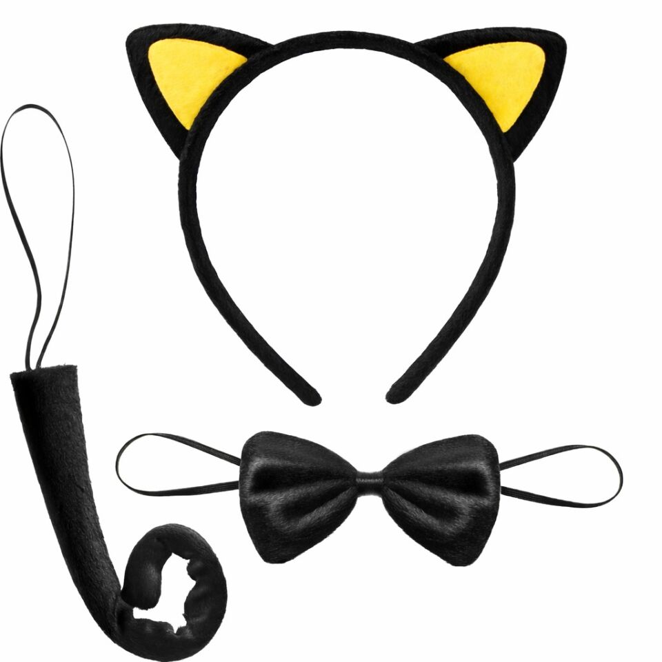 Sarı Kulaklı Kedi Kostüm Seti – Taç, Papyon, Kuyruk