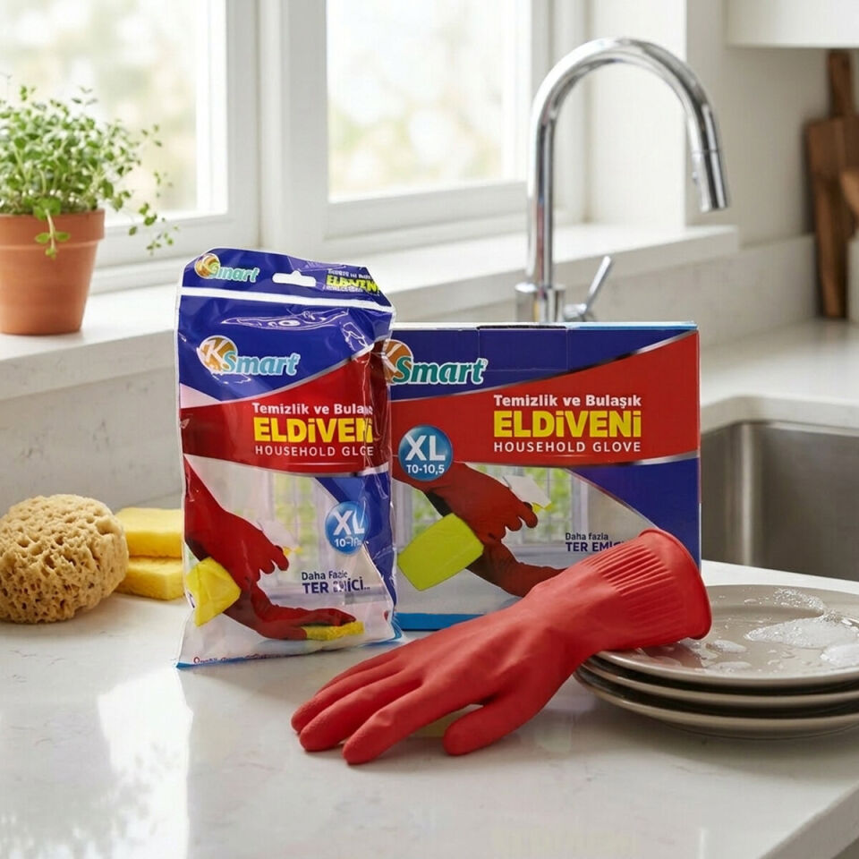 XL Beden Temizlik ve Bulaşık Eldiveni - Doğal Pamuk Astarlı - Plastik