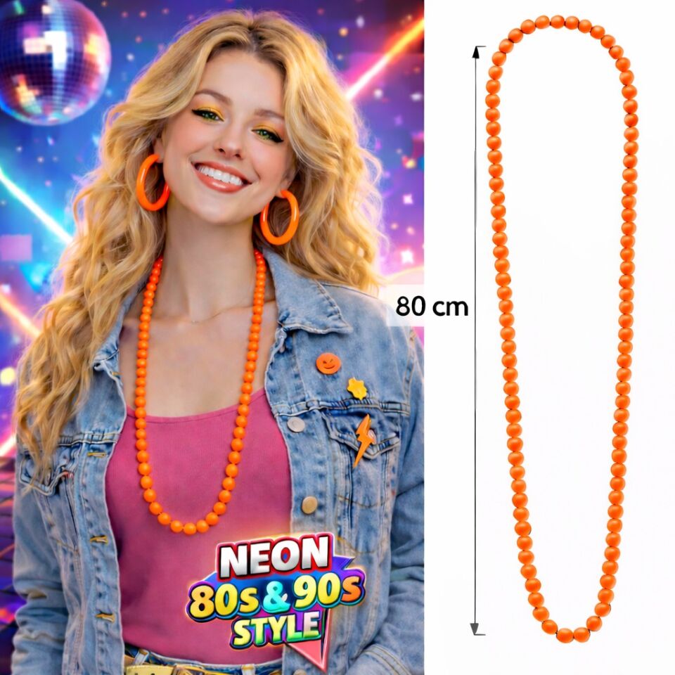 Neon Turuncu Boncuk Kolye 80 cm – Retro 80’ler 90’lar Parti Aksesuarı