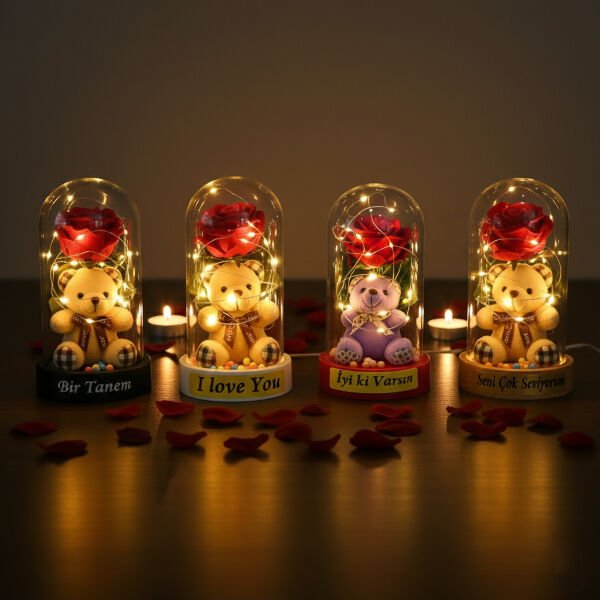 Ayıcıklı Ledli Gül Fanus