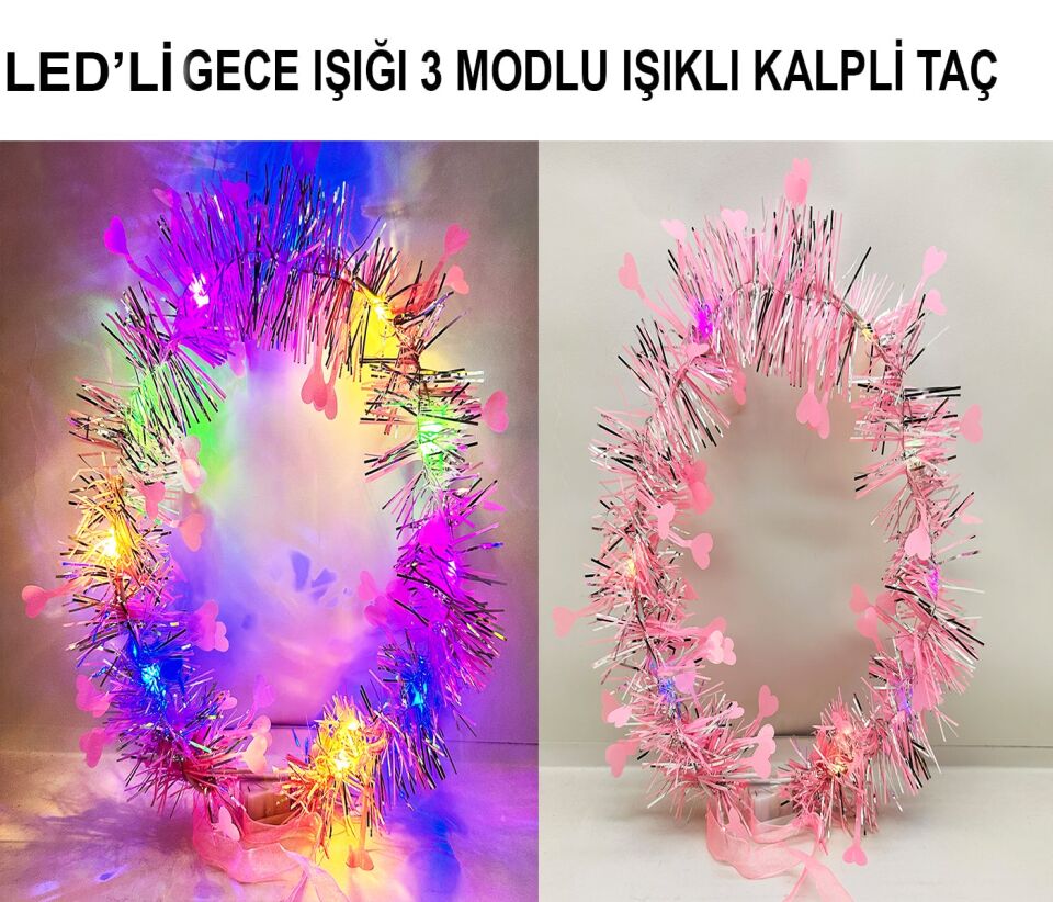 Kalp Püsküllü 3 Modlu LED Işıklı Taç Pembe Renk