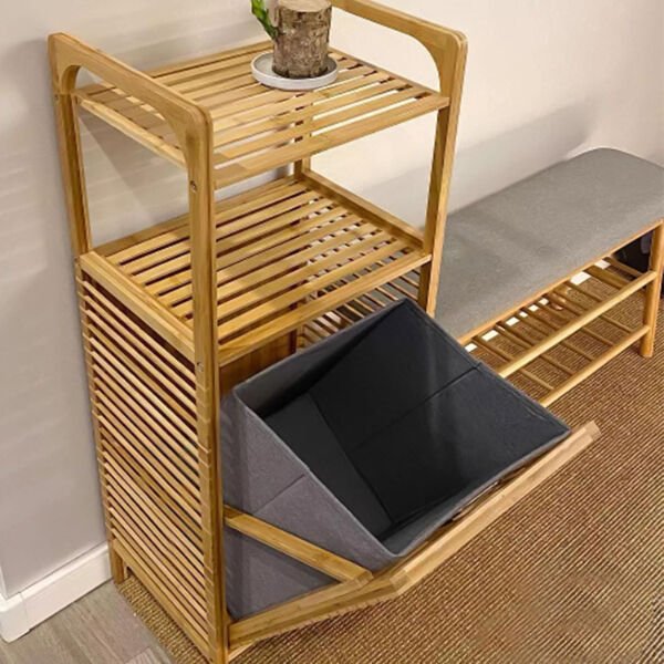2 Organizer Raflı Ahşap Bambu Çek-Aç Kirli Sepeti