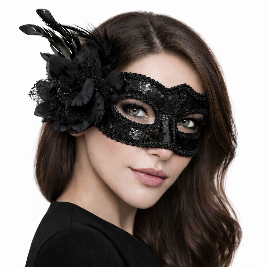 Siyah Venedik Parti Maskesi – Çiçekli Tüylü Payetli