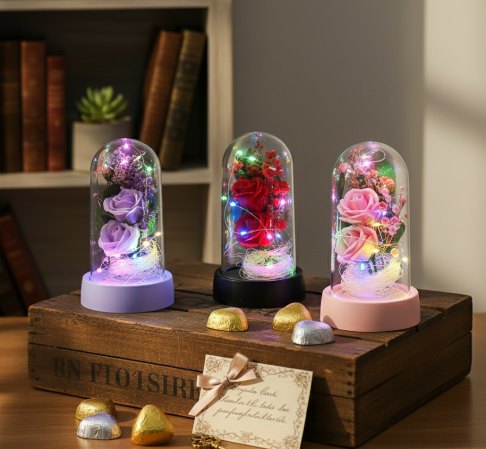 Işıklı Müzikli Romantik Fanus Tekli Gül