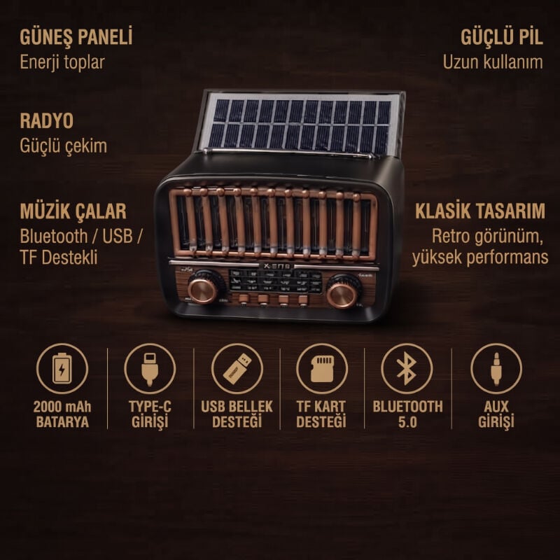 Solar Panelli FM Radyo - Şarjlı - Bluetooth Özellikli - AUX Girişli - Nostaljik Tasarım