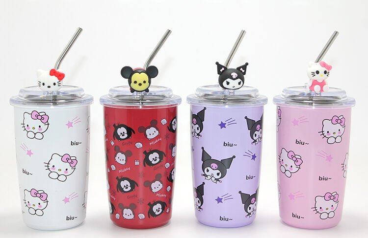 Sanrio Hello Kitty Ve Kuromi Figürlü Isı Muhafazalı Metal Pipetli Çelik Kupa