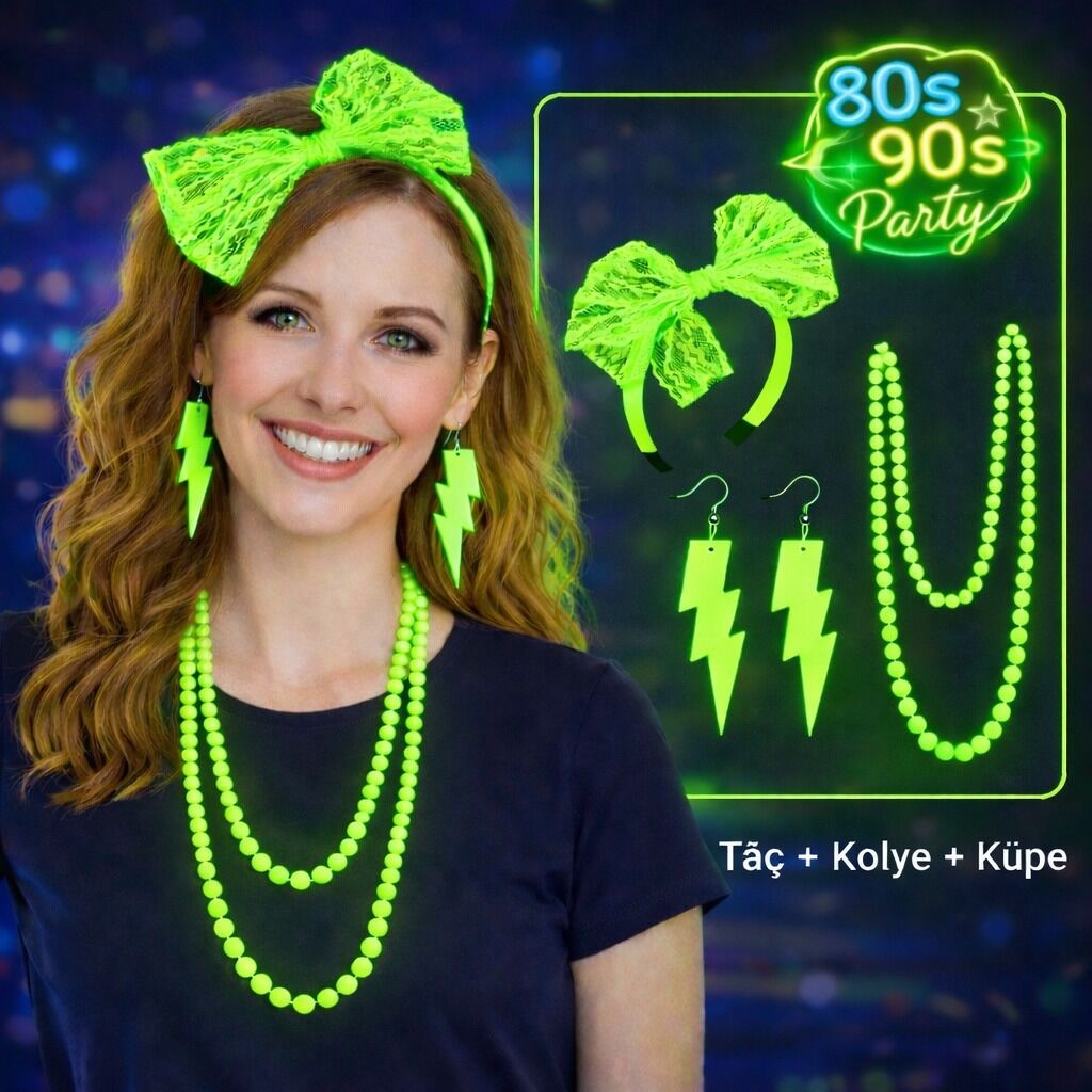 80’ler 90’lar Neon Yeşil Parti Seti – Kolye Küpe Taç