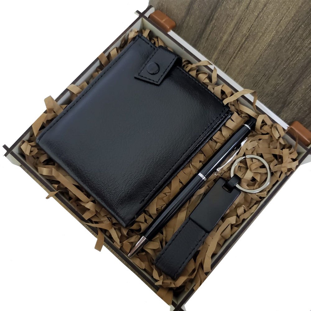 Ahşap Deri Kutulu Siyah Renk 3'lü Hediye Seti - Kalem, Cüzdan, Anahtar