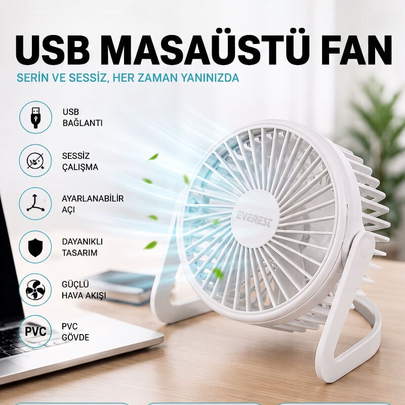 Masaüstü Mini USB Fan - PVC Gövdeli - 360° Ayarlanabilir
