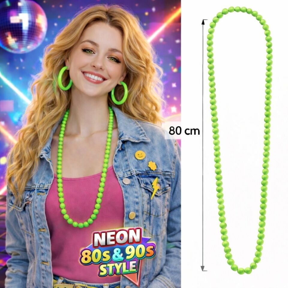 Neon Yeşil Boncuk Kolye 80 cm – Retro 80’ler 90’lar Parti Aksesuarı