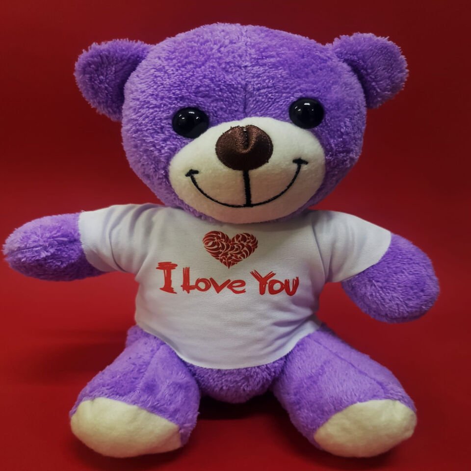 Mor I Love You Tişörtlü Peluş Ayıcık