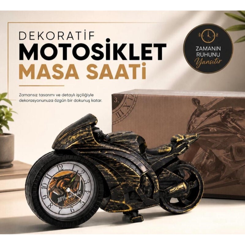 Motosiklet Tasarımlı Masa Saati - Dekoratif Hediyelik - Dayanıklı Malzeme