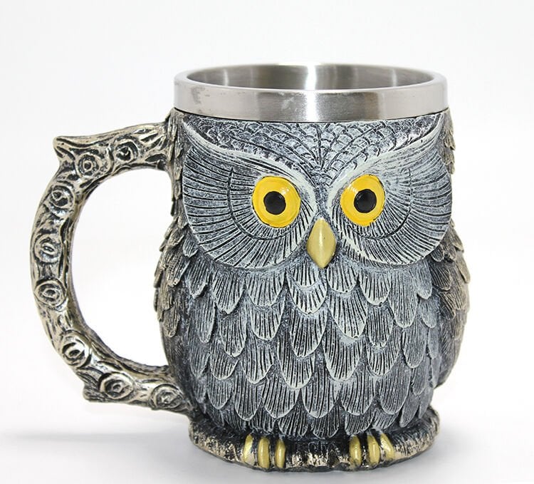 Bilge Baykuş Figürlü 3D Kabartmalı Paslanmaz Çelik Kupa Bardak
