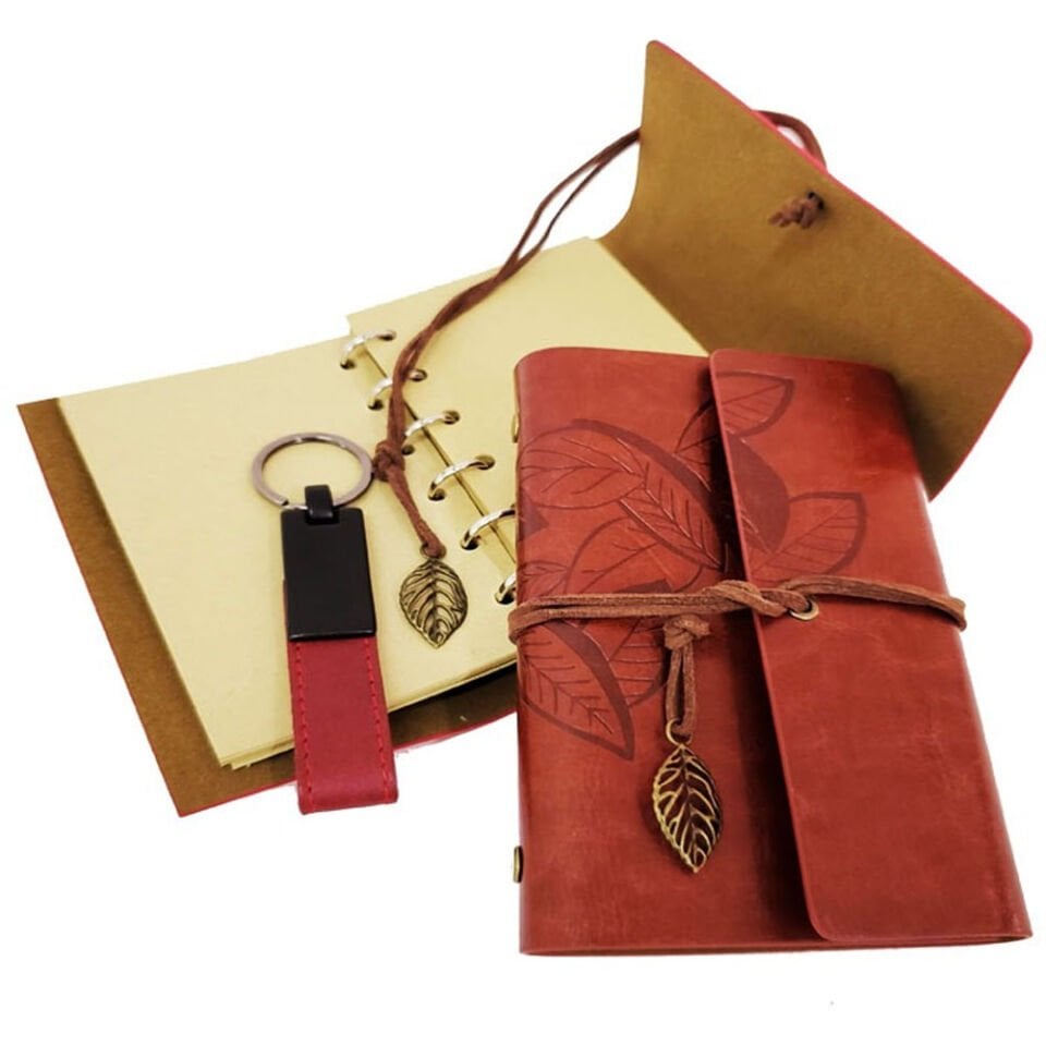 Özel Ahşap Kutulu Kiremit Rengi Deri Defter ve Anahtarlık Set
