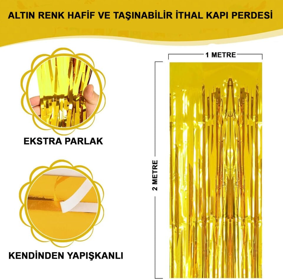 Ekstra Metalize Parlak Saçaklı Arka Fon Perde Gold