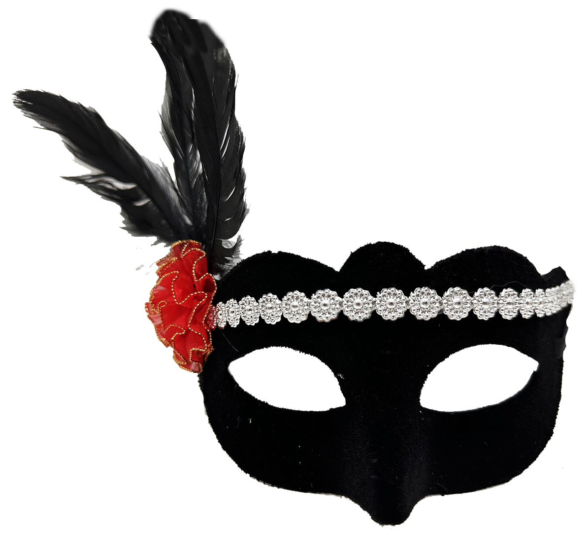 Gümüş Dantelli Kırmızı Gül Tasarımlı Parti Maskesi