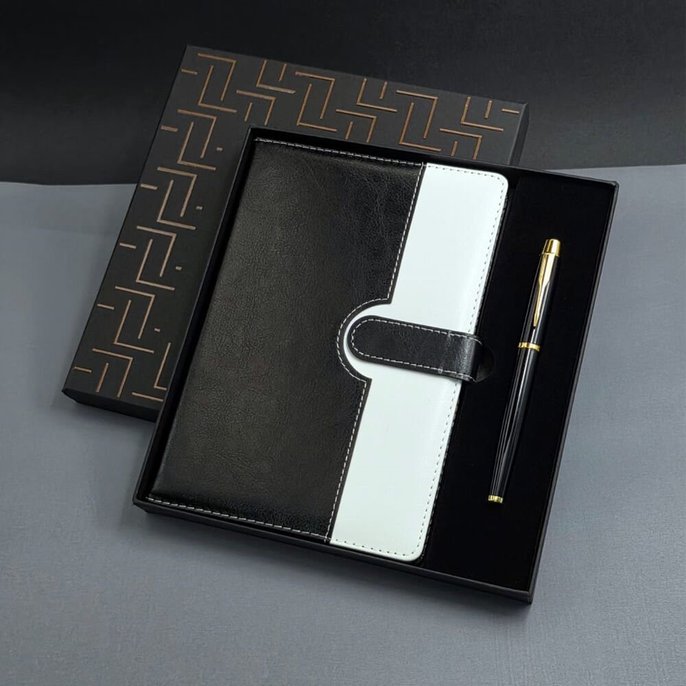 Siyah Beyaz Renkli Tarihsiz Ajanda Defter Ve Metal Roller Kalem Seti